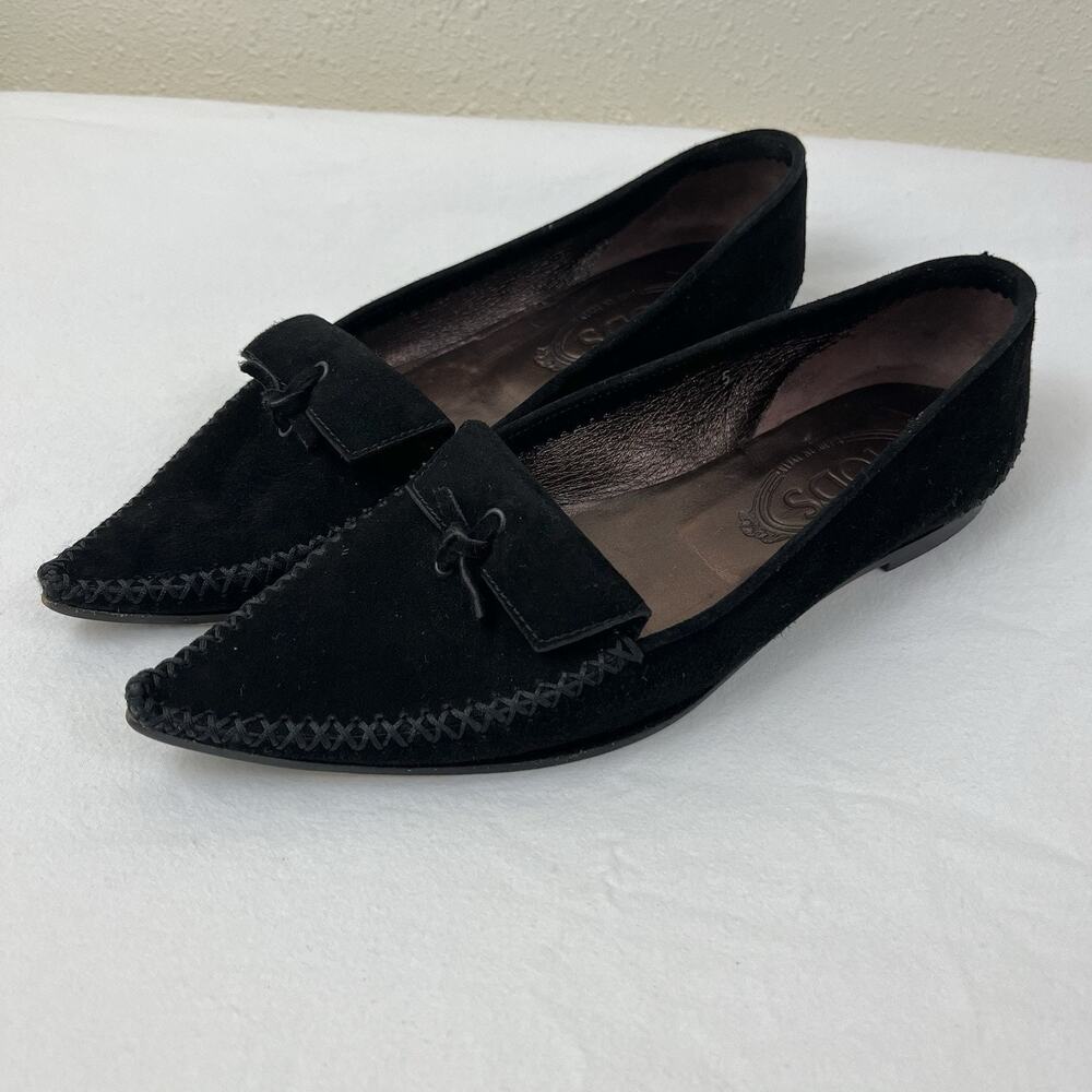 Tod's Jackie Suede Moc Pointed Flat Loafers Womens Size 5 Black Slip On